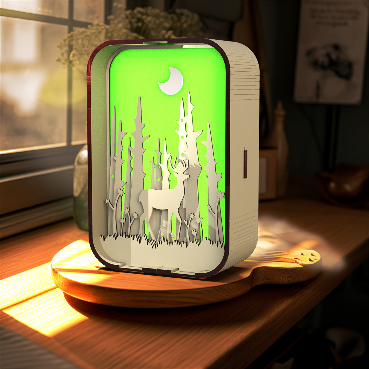 Wood carving night light with deer and forest design, creating a warm ambiance in a cozy room.