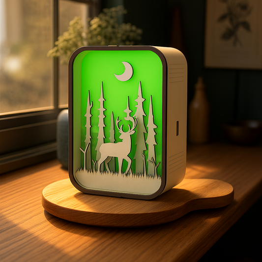 Wood carving night light featuring a deer silhouette in a forest design with a soft green glow.